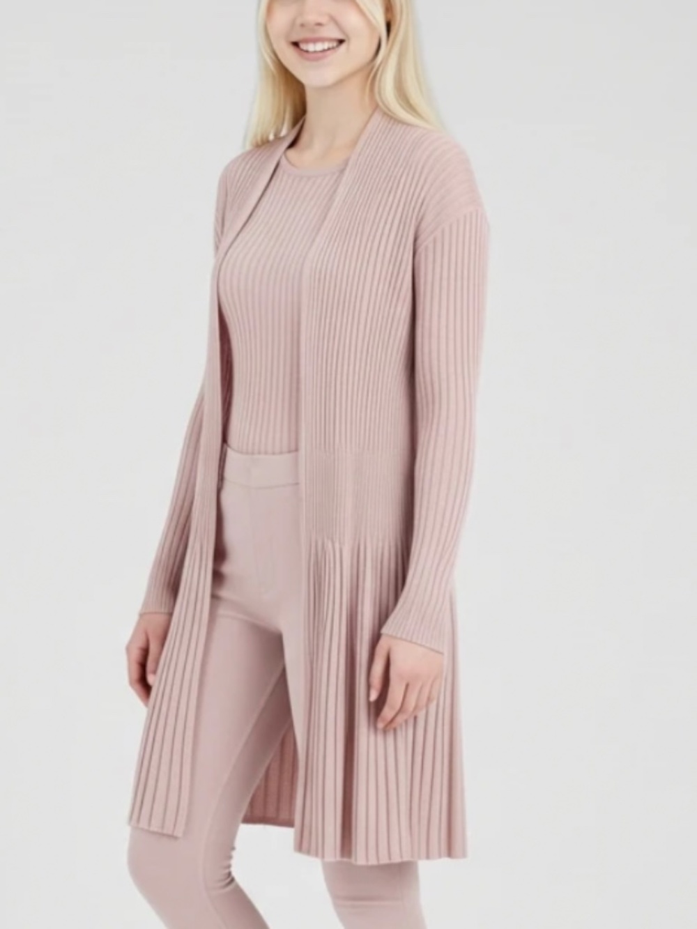 Eileen Fisher Medium Blush Pink Pleated Open Front Midi Cardigan Long Sleeve